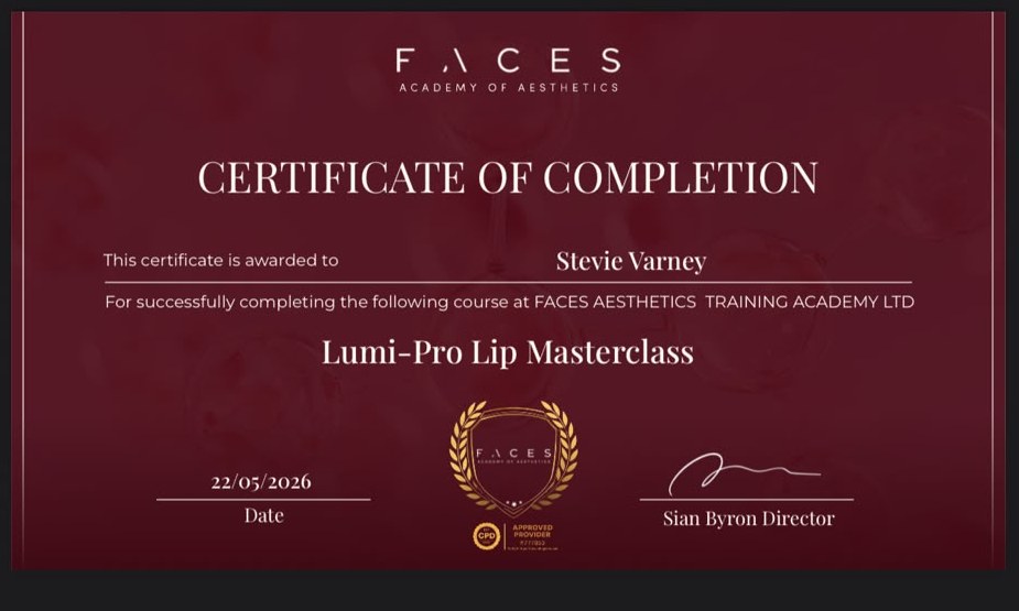 Certificate of Completion — Lumi-Pro Lip Masterclass — awarded to Stevie Varney by FACES Academy of Aesthetics