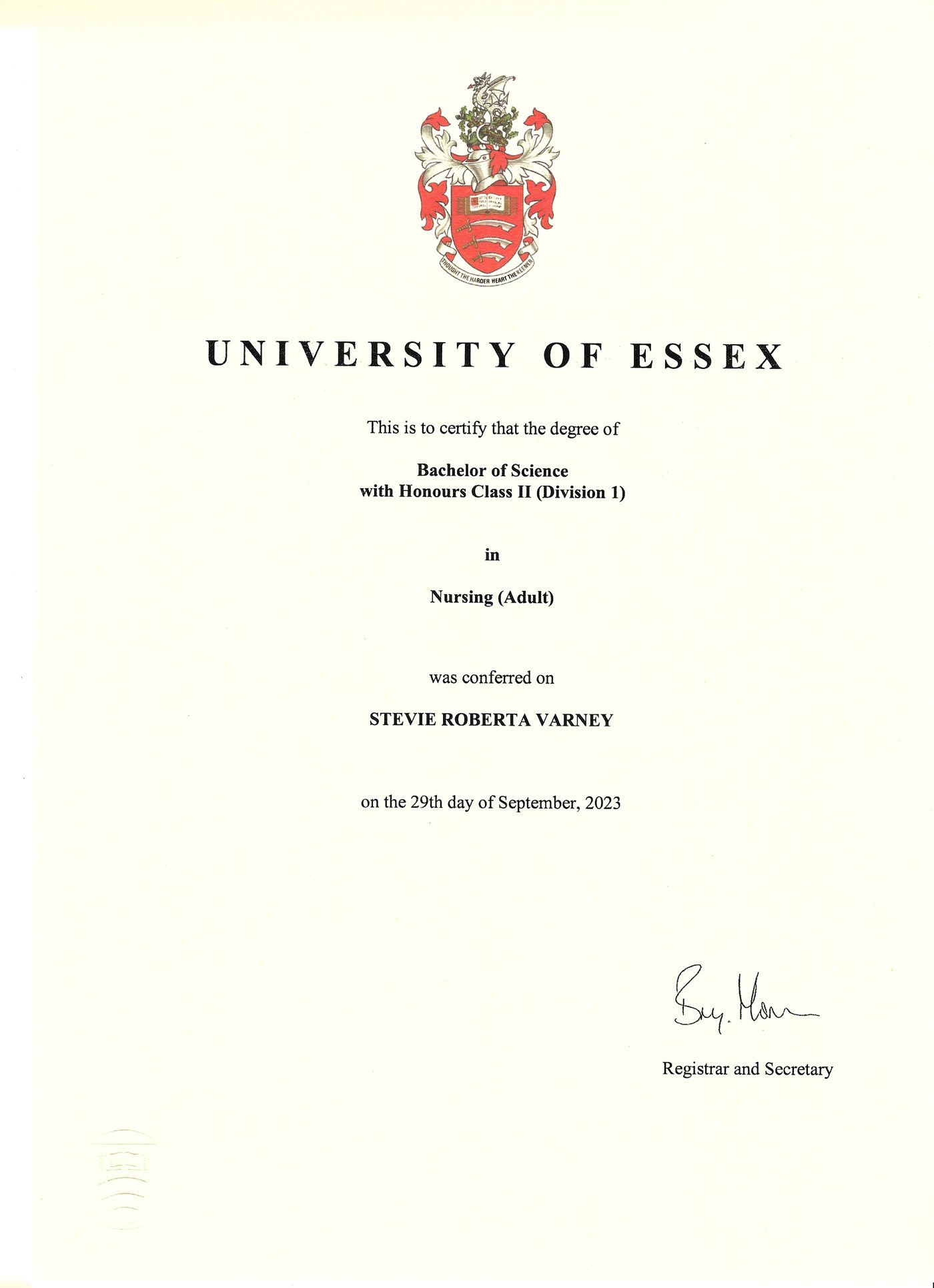 Degree certificate — Bachelor of Science with Honours Class II (Division 1) in Nursing (Adult) — conferred on Stevie Varney by the University of Essex, 29 September 2023