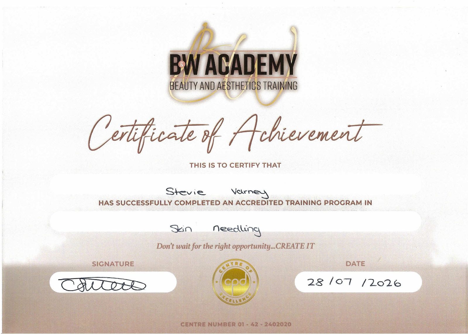 Certificate of Achievement — Skin Needling — awarded to Stevie Varney by B&W Academy